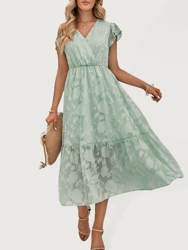 Women's Casual V Neck Floral Sleeveless Long Dress.