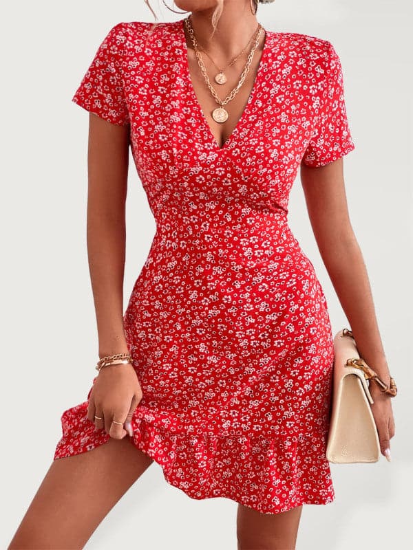 Women's Woven V Neck Short Sleeve Printed Dress.