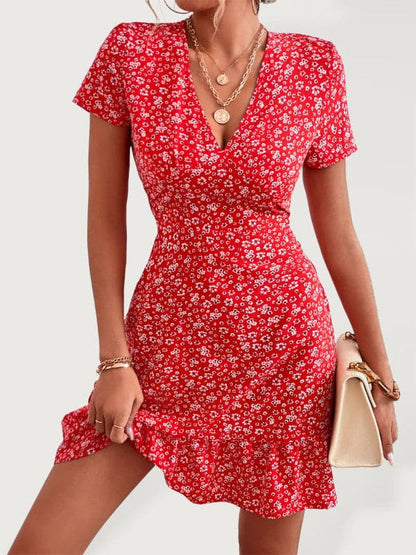 Women's Woven V Neck Short Sleeve Printed Dress.