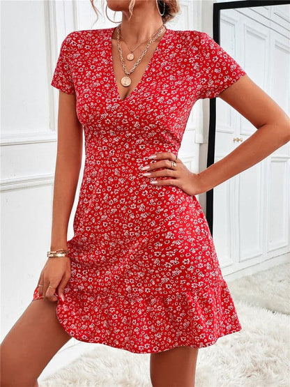 Women's Woven V Neck Short Sleeve Printed Dress.