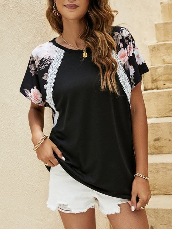 Summer casual dolman sleeve print stitching European and American T-shirt.