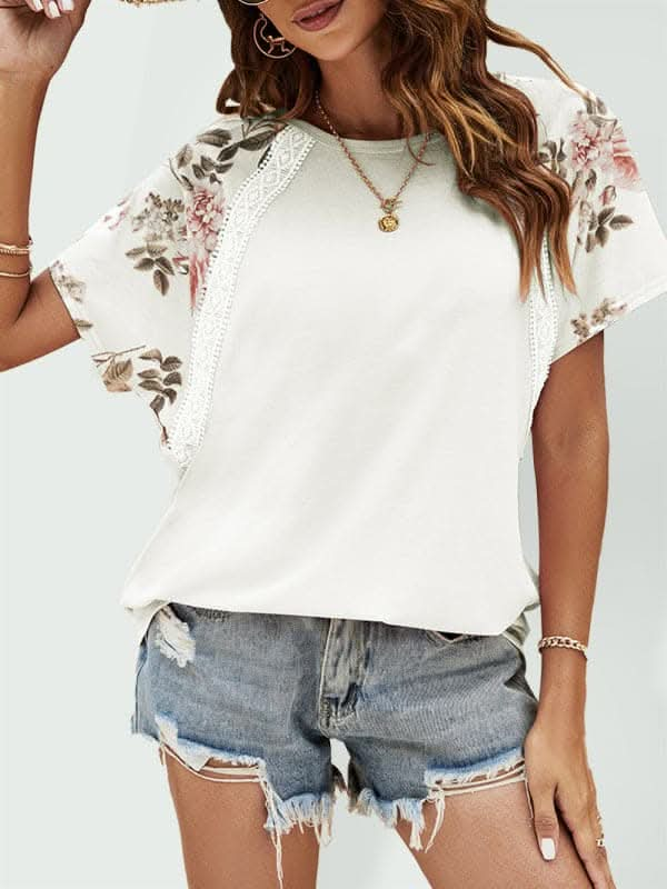 Summer casual dolman sleeve print stitching European and American T-shirt.