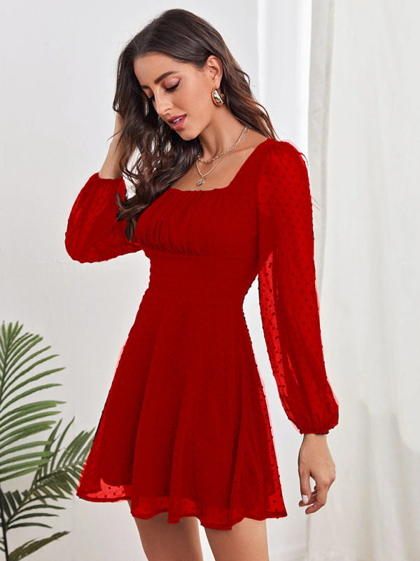 Women's Woven Chiffon Jacquard Elegant Long Sleeve Dress