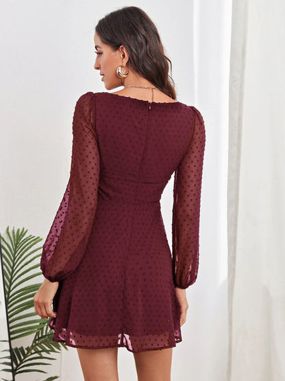 Women's Woven Chiffon Jacquard Elegant Long Sleeve Dress