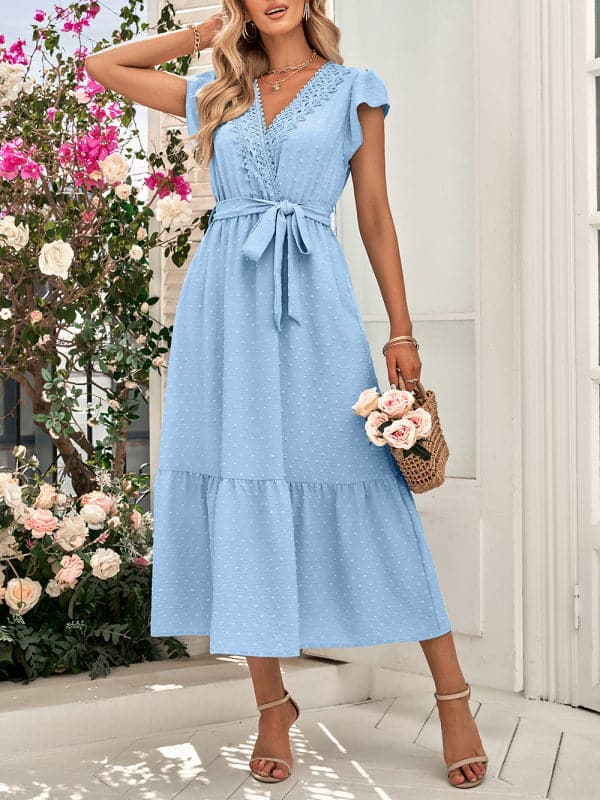 Casual new solid color casual tie waist lace V-neck dress.