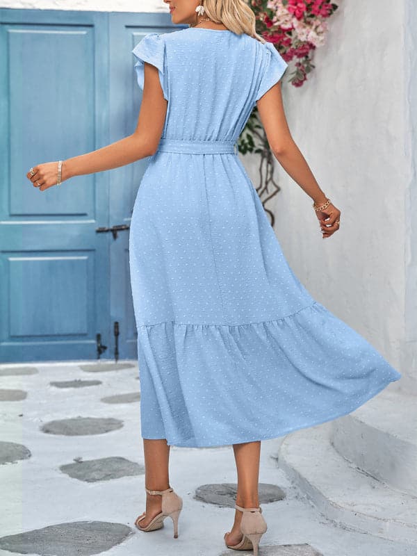 Casual new solid color casual tie waist lace V-neck dress.