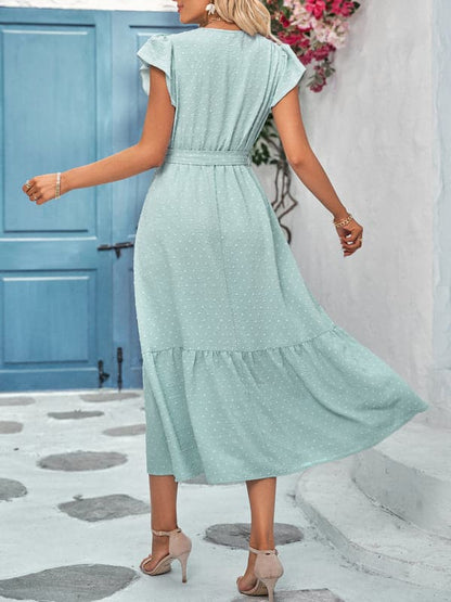 Casual new solid color casual tie waist lace V-neck dress.