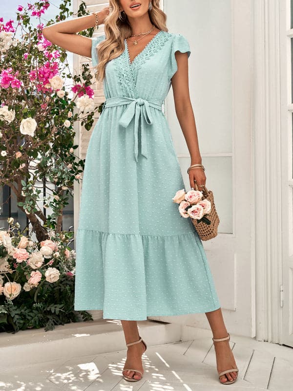 Casual new solid color casual tie waist lace V-neck dress.