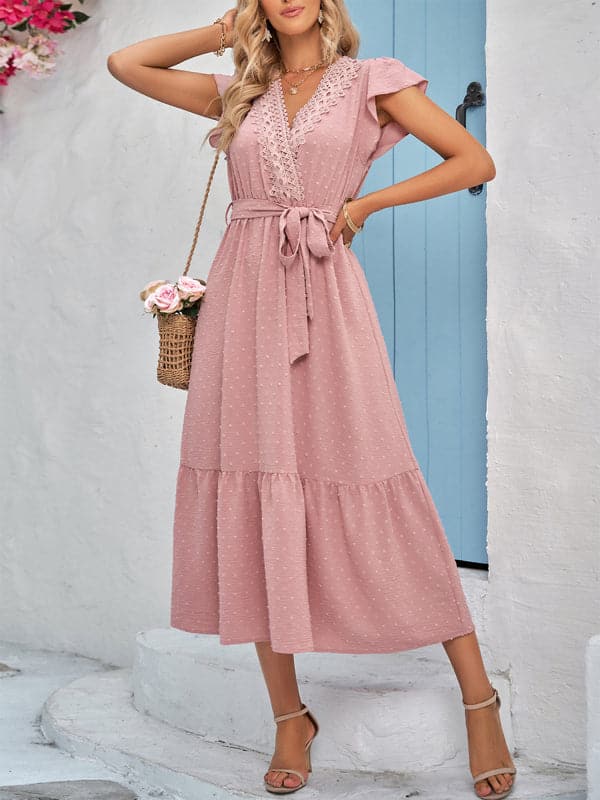 Casual new solid color casual tie waist lace V-neck dress.