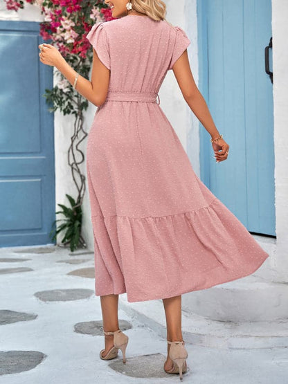 Casual new solid color casual tie waist lace V-neck dress.