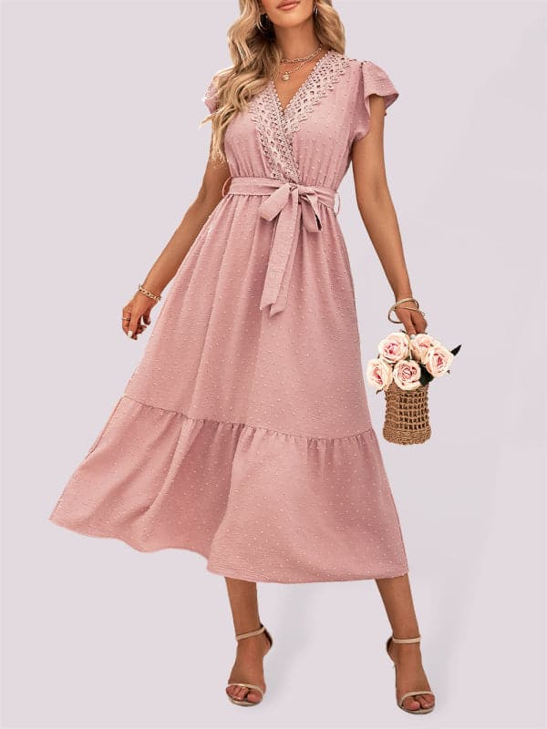 Casual new solid color casual tie waist lace V-neck dress.