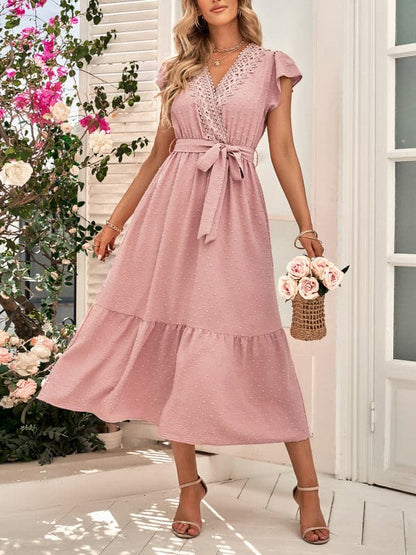 Casual new solid color casual tie waist lace V-neck dress.