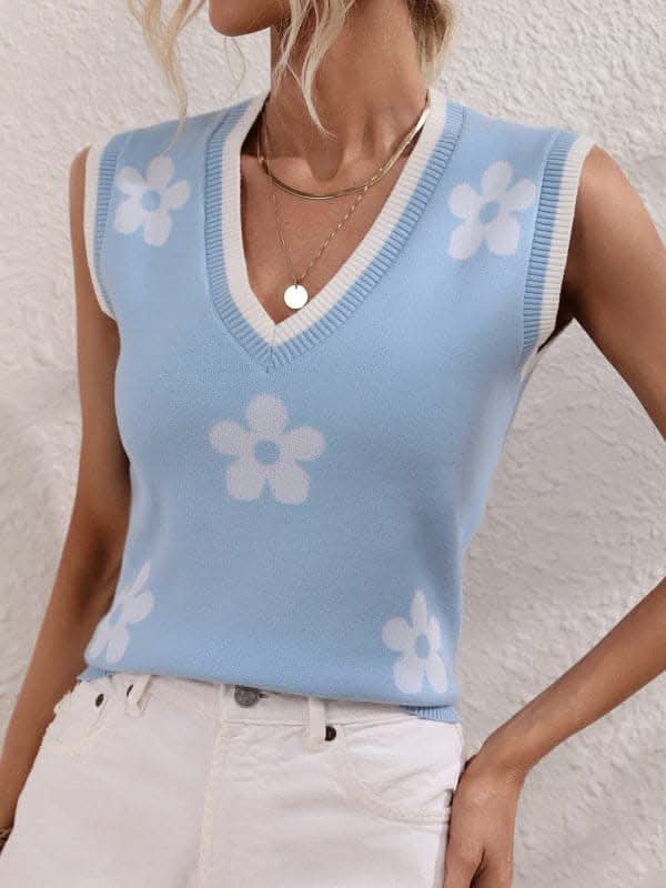 Women's Contrasting Color Jacquard V-Neck Sleeveless Knit Tank Top.