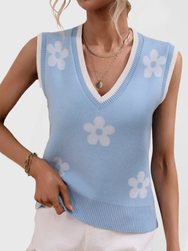 Women's Contrasting Color Jacquard V-Neck Sleeveless Knit Tank Top.