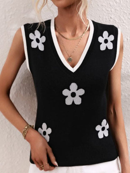 Women's Contrasting Color Jacquard V-Neck Sleeveless Knit Tank Top.