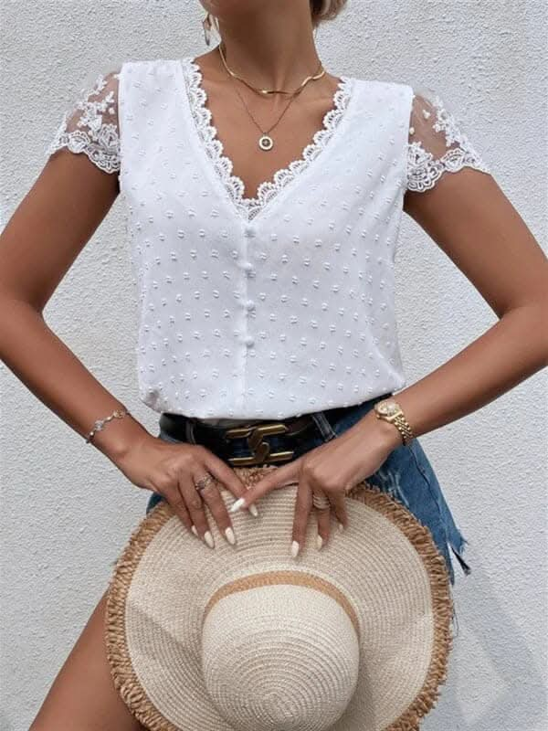 V-Neck Shirt Collar Sleeve Panel Lace Trim Shirt.