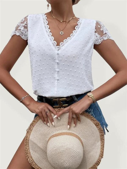 V-Neck Shirt Collar Sleeve Panel Lace Trim Shirt.