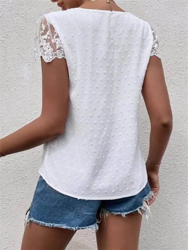 V-Neck Shirt Collar Sleeve Panel Lace Trim Shirt.