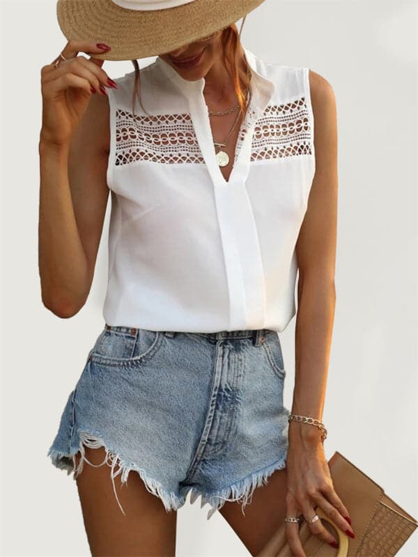 V-neck women's shirt women's lace hollow top women.