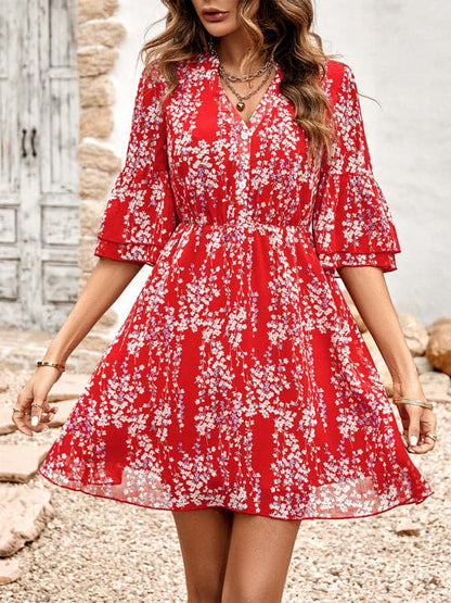 Women's fashion casual V-neck half-sleeve printed dress for women.