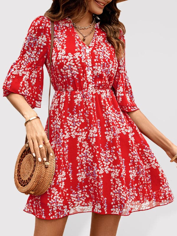 Women's fashion casual V-neck half-sleeve printed dress for women.