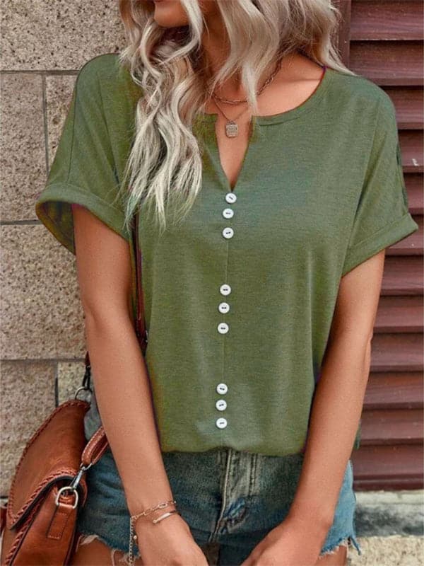 Women's Knitted Casual V-Neck Button Short Sleeve Top.