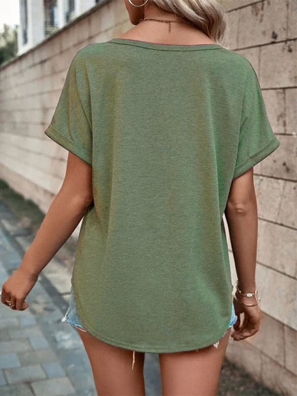 Women's Knitted Casual V-Neck Button Short Sleeve Top.