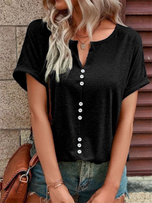 Women's Knitted Casual V-Neck Button Short Sleeve Top.