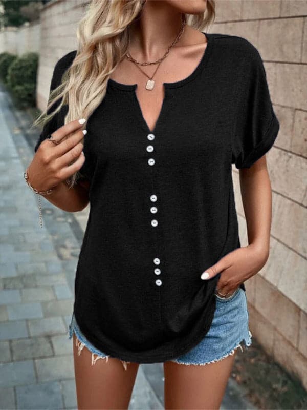 Women's Knitted Casual V-Neck Button Short Sleeve Top.