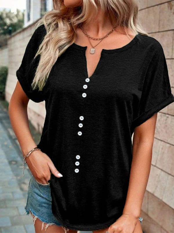 Women's Knitted Casual V-Neck Button Short Sleeve Top.