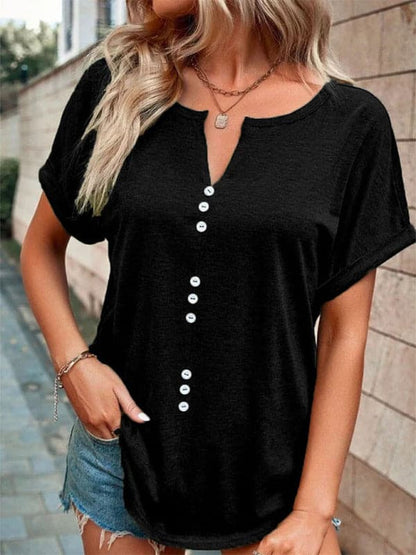 Women's Knitted Casual V-Neck Button Short Sleeve Top.