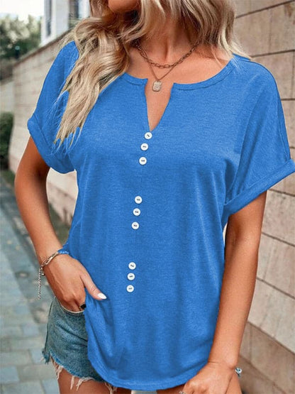 Women's Knitted Casual V-Neck Button Short Sleeve Top.