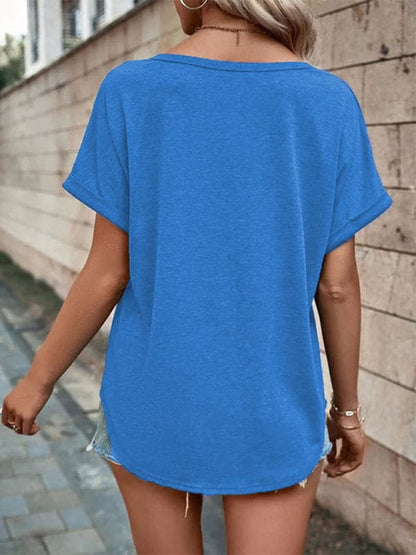 Women's Knitted Casual V-Neck Button Short Sleeve Top.