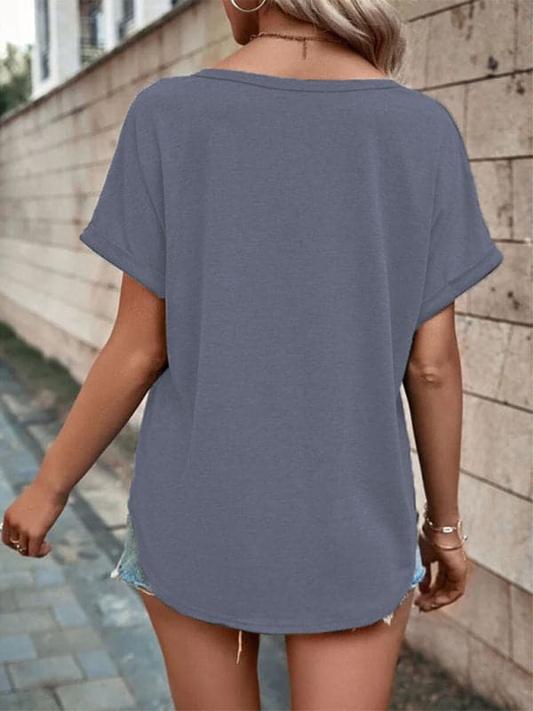 Women's Knitted Casual V-Neck Button Short Sleeve Top.