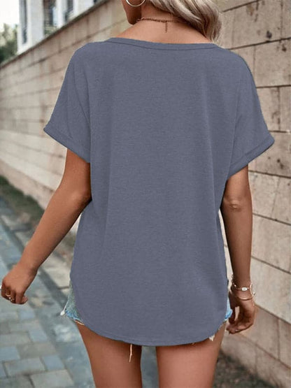 Women's Knitted Casual V-Neck Button Short Sleeve Top.