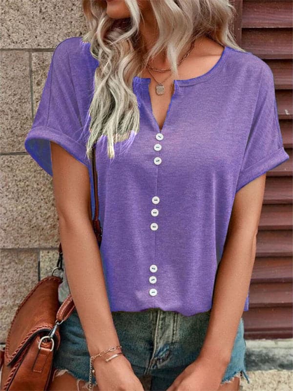 Women's Knitted Casual V-Neck Button Short Sleeve Top.