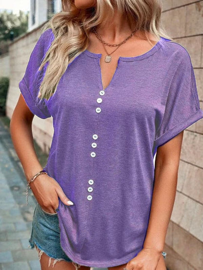 Women's Knitted Casual V-Neck Button Short Sleeve Top.