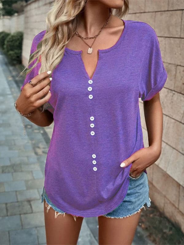 Women's Knitted Casual V-Neck Button Short Sleeve Top.