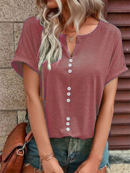 Women's Knitted Casual V-Neck Button Short Sleeve Top.