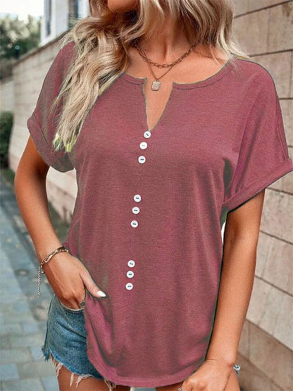 Women's Knitted Casual V-Neck Button Short Sleeve Top.