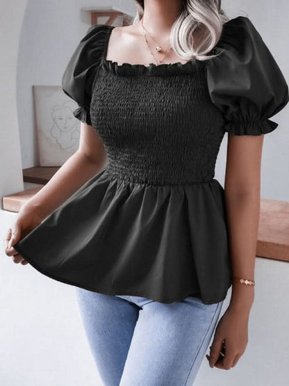 Women's Solid Color Balloon Sleeve Hem Ruffle Chiffon Shirt Top