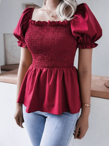 Women's Solid Color Balloon Sleeve Hem Ruffle Chiffon Shirt Top