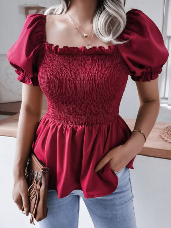 Women's Solid Color Balloon Sleeve Hem Ruffle Chiffon Shirt Top