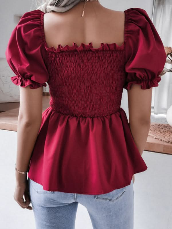 Women's Solid Color Balloon Sleeve Hem Ruffle Chiffon Shirt Top