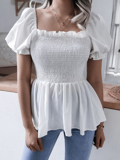 Women's Solid Color Balloon Sleeve Hem Ruffle Chiffon Shirt Top