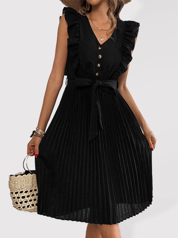 Women's Solid Color Ruffle Summer Pleated Sleeveless Dress.