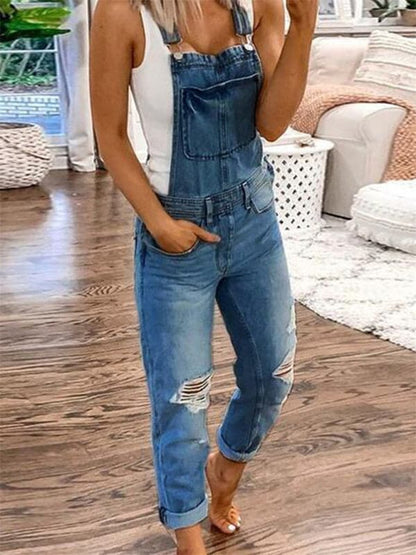 Casual ripped denim jumpsuit for women