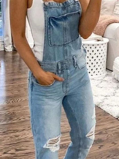 Casual ripped denim jumpsuit for women