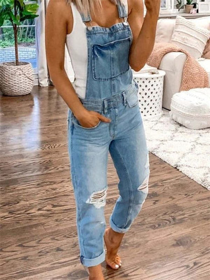 Casual ripped denim jumpsuit for women