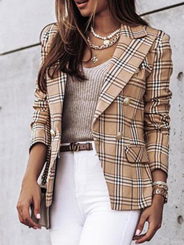 Long-Sleeved Double-Breasted Plaid-Print Blazer for Women